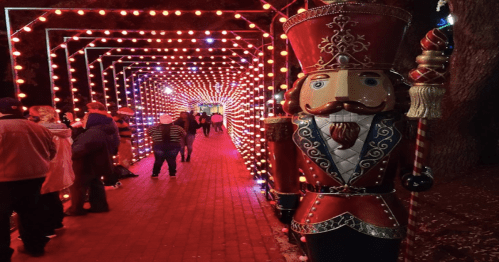 A festive scene featuring a nutcracker statue beside a brightly lit tunnel with red and white lights.
