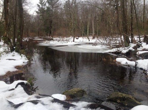 A serene winter scene featuring a partially frozen river surrounded by snow-covered banks and bare trees.