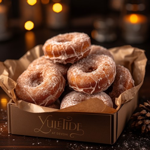 A box of freshly glazed donuts dusted with sugar, set against a warm, festive background with soft lights.