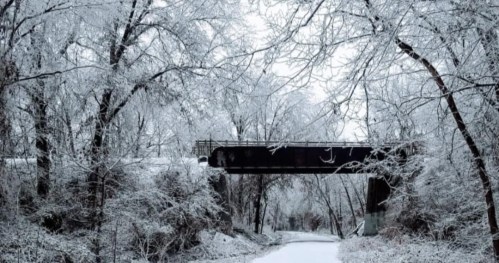 A snow-covered path leads to a bridge surrounded by frosted trees in a winter landscape.