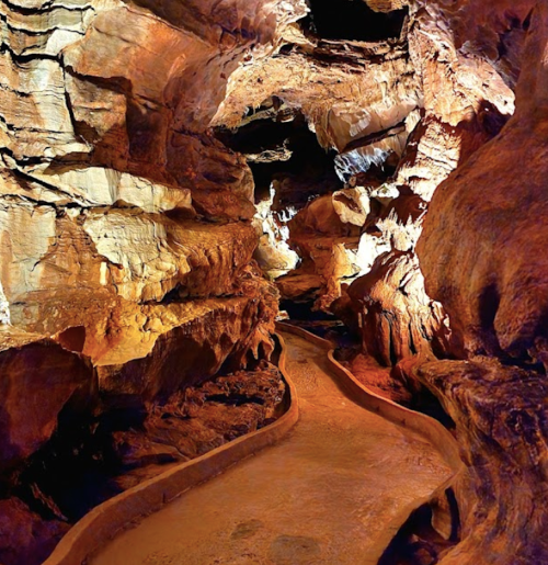 A winding path through a dimly lit cave, showcasing textured rock formations and a serene atmosphere.