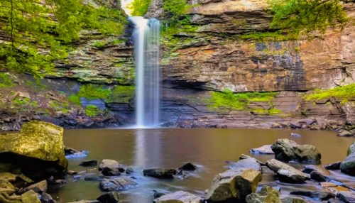 A serene waterfall cascades into a calm pool, surrounded by lush greenery and rocky terrain.
