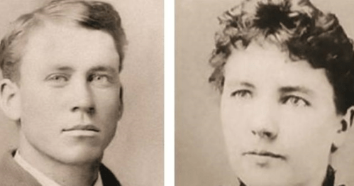 Black and white portraits of a young man and woman, both with serious expressions and vintage hairstyles.