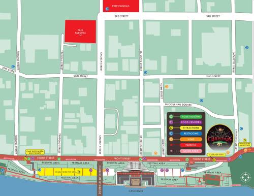 Map of a festival area showing parking, food vendors, attractions, and event locations.
