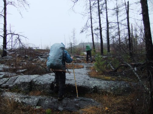 Two hikers navigate a rocky, rain-soaked trail surrounded by sparse trees and misty weather.