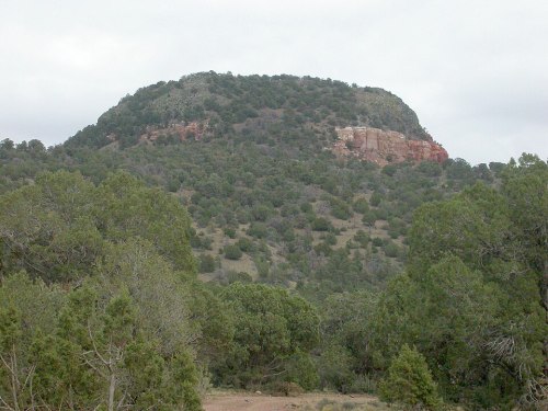 A rocky hilltop surrounded by green trees under a cloudy sky.