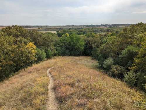 A scenic view of a grassy path winding through trees, with rolling hills in the background under a cloudy sky.