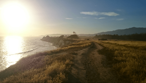 A sunlit coastal path along a grassy cliff, with the ocean and mountains in the background.