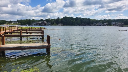 A serene lake view with wooden docks, lush greenery, and houses in the background under a partly cloudy sky.