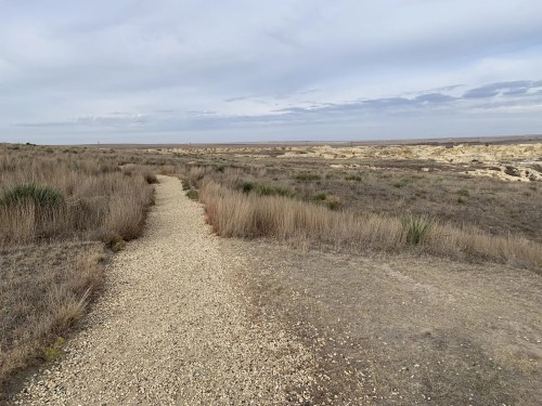 A gravel path winds through a grassy landscape, leading towards distant hills under a cloudy sky.
