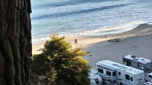 A beach scene with RVs parked nearby, waves lapping at the shore, and people walking along the sand.