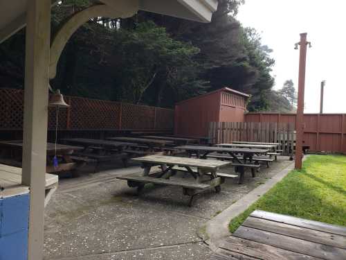 An outdoor seating area with multiple picnic tables, surrounded by trees and a wooden fence.