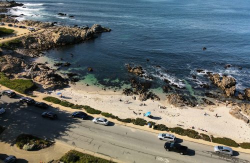 Aerial view of a rocky beach with people sunbathing, cars parked along the road, and calm blue waters.