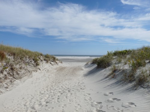A sandy path leads to a calm beach under a blue sky with scattered clouds and gentle dunes on either side.
