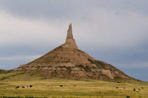 A tall, pointed rock formation rises from a grassy landscape under a cloudy sky, with cattle grazing nearby.