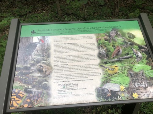 Information sign about Sourlands Ecosystem Preserve, featuring text and images of local wildlife and plant species.