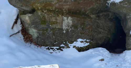 A rocky cave entrance partially covered in snow, surrounded by a snowy landscape and scattered leaves.