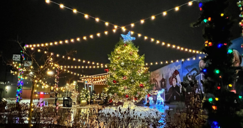 A festive scene featuring a decorated Christmas tree surrounded by colorful lights and holiday decorations at night.