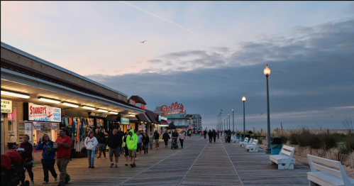 A bustling boardwalk at dusk, with shops on one side and people walking, under a cloudy sky.