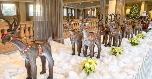 A festive display of reindeer pulling a sleigh, surrounded by snow and holiday decorations in a cheerful setting.