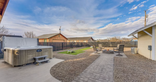 A backyard with a hot tub, fire pit, seating area, and green lawn under a blue sky with scattered clouds.