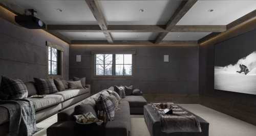 Cozy home theater with a large screen, plush seating, and warm lighting, featuring a modern design and soft textures.