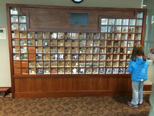 A child examines a display case filled with small photographs and artifacts in a museum-like setting.