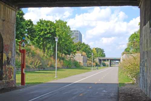 View of a bike path under a bridge, flanked by greenery and urban buildings, with graffiti on the walls.