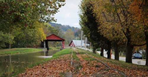 A scenic view of a canal lined with trees in autumn, featuring a red covered bridge and fallen leaves along the path.