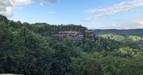 A scenic view of a rocky cliff surrounded by lush green trees under a blue sky with scattered clouds.