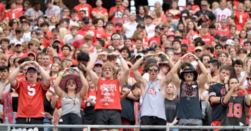 A crowd of enthusiastic fans in red attire, cheering and celebrating at a sports event.