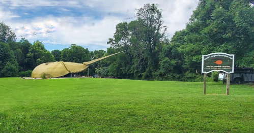 A large, whimsical sculpture of a narwhal on a grassy area, with a sign nearby in a wooded setting.