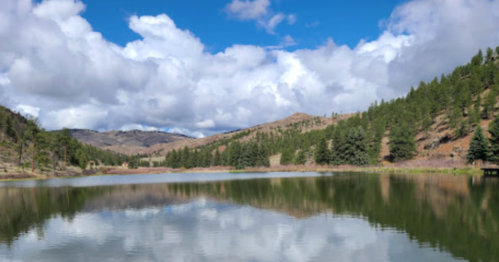 A serene lake surrounded by green trees and mountains, reflecting clouds in a clear blue sky.
