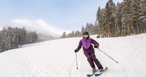 A skier in a purple jacket navigates a snowy slope surrounded by pine trees and mountains.