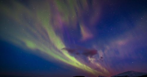 A vibrant display of the northern lights illuminates the night sky with swirling green and purple hues.
