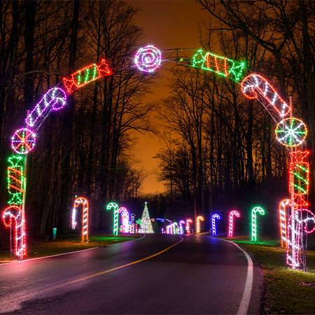 Colorful holiday lights form an arch over a road, with candy canes and a Christmas tree in the background.