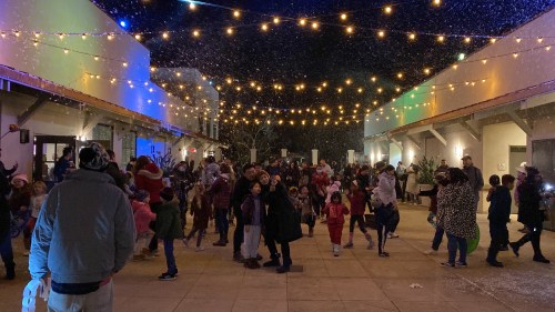 A lively crowd of people, including children, enjoying a festive outdoor event with string lights and artificial snow.