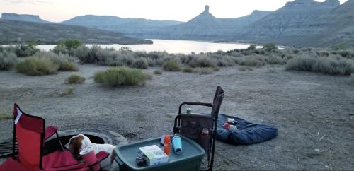 A campsite by a lake at dusk, featuring chairs, a cooler, and a dog resting on a blanket with mountains in the background.