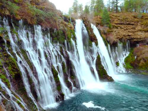 A scenic waterfall cascading over rocky cliffs into a clear blue pool, surrounded by lush greenery and trees.