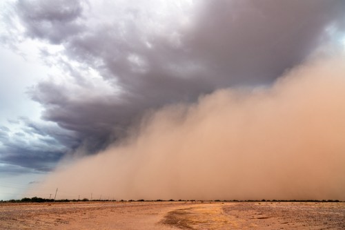 A vast dust storm approaches, with dark clouds looming over a dry landscape and a winding dirt path in the foreground.