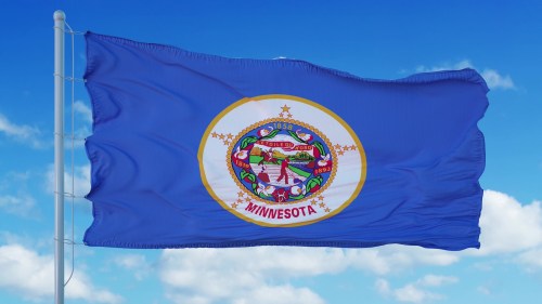 Minnesota state flag waving against a blue sky with clouds, featuring the state seal and floral designs.