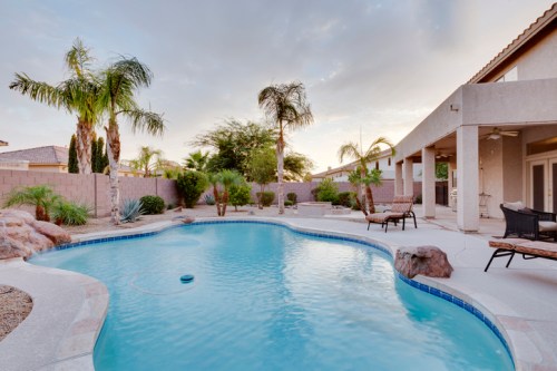 A serene backyard with a swimming pool, palm trees, and lounge chairs under a cloudy sky.