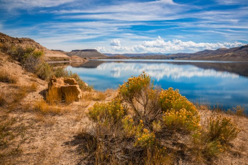 A serene lake surrounded by rocky hills and vibrant yellow flowers under a blue sky with scattered clouds.