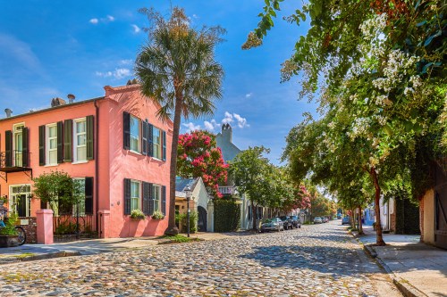 Charming street scene with pink houses, palm trees, and cobblestone pavement under a bright blue sky.