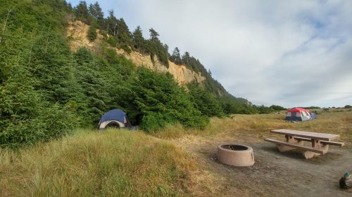 A campsite with tents, a picnic table, and a fire pit, surrounded by trees and a rocky cliff in the background.
