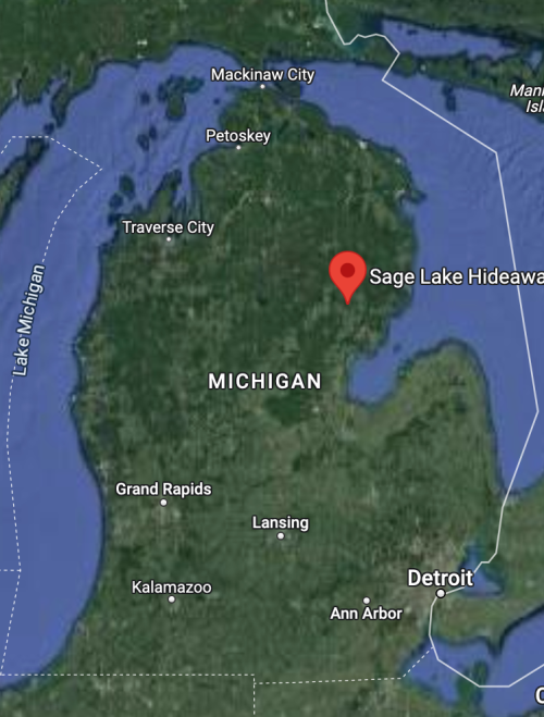 Map of Michigan highlighting Sage Lake Hideaway, with nearby cities like Detroit, Grand Rapids, and Traverse City.