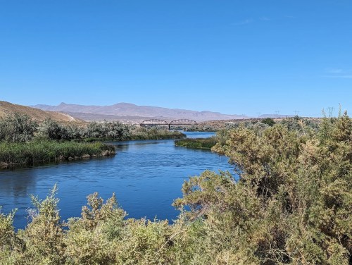 A serene river flows through lush greenery, with a distant bridge and mountains under a clear blue sky.