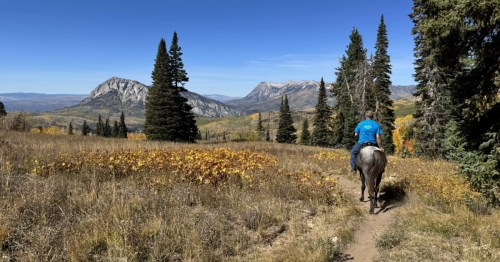 Man riding a horse on a mountain trail in Colorado with sweeping peak views and autumn foliage.