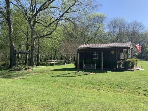 A small cabin with a metal roof, surrounded by green grass and trees, with an American flag and a sign reading "Hopper's Hollow."