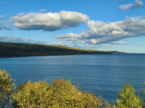A serene view of a calm blue lake surrounded by green trees and a clear sky with fluffy clouds.